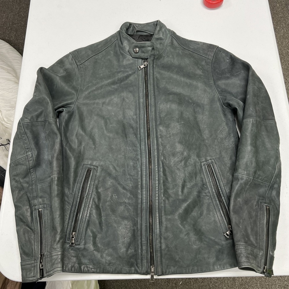 Vince Leather Moto Jacket Mens Small Grey Green Cafe Racer Biker Full Zip F2